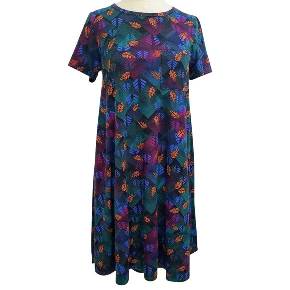 LULAROE Leaves Autumn Print High Low Long Dress Stretch Tee Shirt Pocket XS - Picture 9 of 11